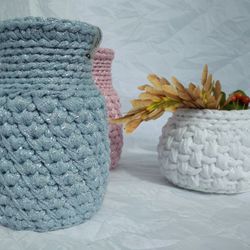 Small sky blue vase for eco-friendly home decor with glass vase inside, crochetet
