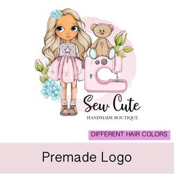 Cute sewing premade logo design with doll, small business logo, girl logo, cute logo, cartoon logo, sewing machine logo