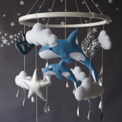 Whales baby mobile for nursery decor, hanging clouds and stars handmade hypoallergenic materials