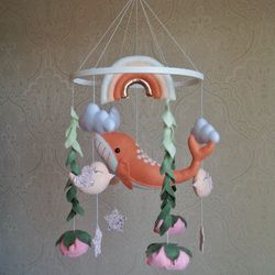 Whale mobile with rainbow and hanging flowers, ocean nursery for girl