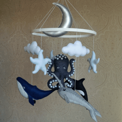 Baby mobile with whales for ocean nursery. Ocean octopus, narwhal, orca and whale for decor nautical nursery.