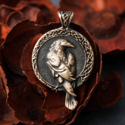 Raven brass pendant on black leather cord. Bird viking necklace. Odin Crow named Huginn or Muninn jewelry. Pagan design