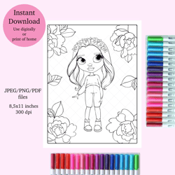 Pretty flower girl coloring page, digital download coloring page, all ages coloring page, floral doll coloring sheet