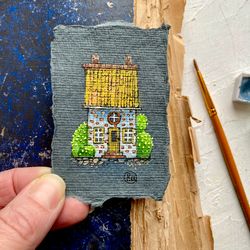 Tiny painting House Original art Miniature artwork Mini wall art 2x3 inch by Rubinova