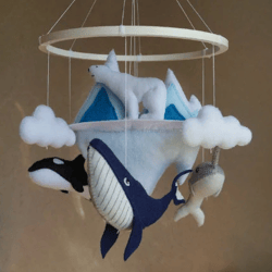 Ocean whales mobile, narwhal and orca whale, crib toy for ocean nursery