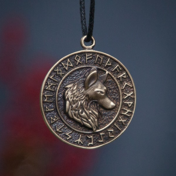 Wolf in rune circle pendant on leather cord. Totem jewelry | Inspire Uplift