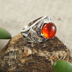 Orange Fire Red Glass Silver Snake Adjustable Ring Large Statement Boho Hippie Brutal Gothic Unisex Ring Jewelry 6357