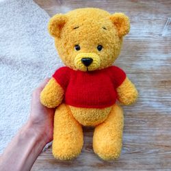 Knitted teddy bear in red sweater, super soft little bear for baby