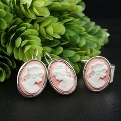 Lady Cameo Jewelry Set Earrings and Ring Dusty Rose Powder Pink White Minimalist Silver Oval Girl Cameo Jewelry Set 7850