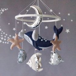 Whale mobile for ocean nursery, Blue whale with fish and Crescent moon, Ocean decor made of handmade felt