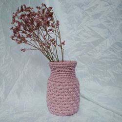 Small pink vase for eco friendly home decor with glass vase inside, crochetet