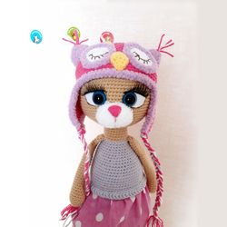 Cat soft plush toy, crochet cat toy, gift for girl, plush kitty in hat