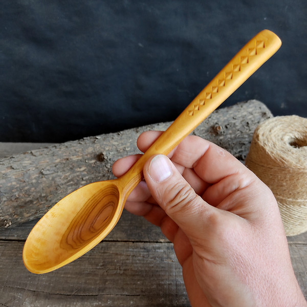 Handmade wooden spoon from natural apricot wood with decorated handle - 02