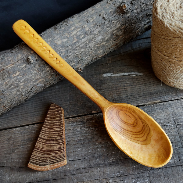 Handmade wooden spoon from natural apricot wood with decorated handle - 03