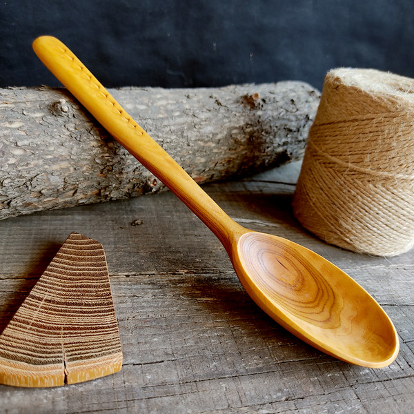 Handmade wooden spoon from natural apricot wood with decorated handle - 04