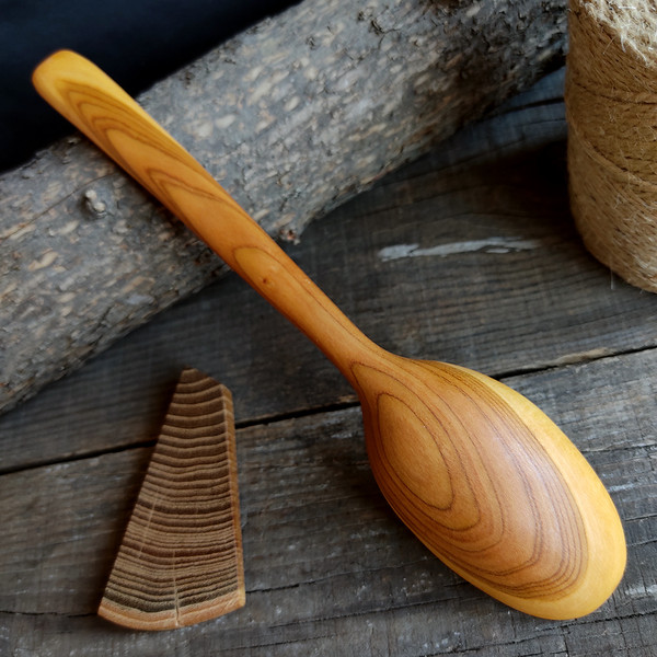 Handmade wooden spoon from natural apricot wood with decorated handle - 05