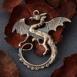 Big Dragon pendant on black leather cord. Nidhogg viking necklace. Gothic jewelry. Scandinavian mythology. Pagan art