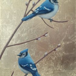 Original painting birds Gold leaf painting Chinese painting Blue jays Minimalism birds Contemporary wall art Birds