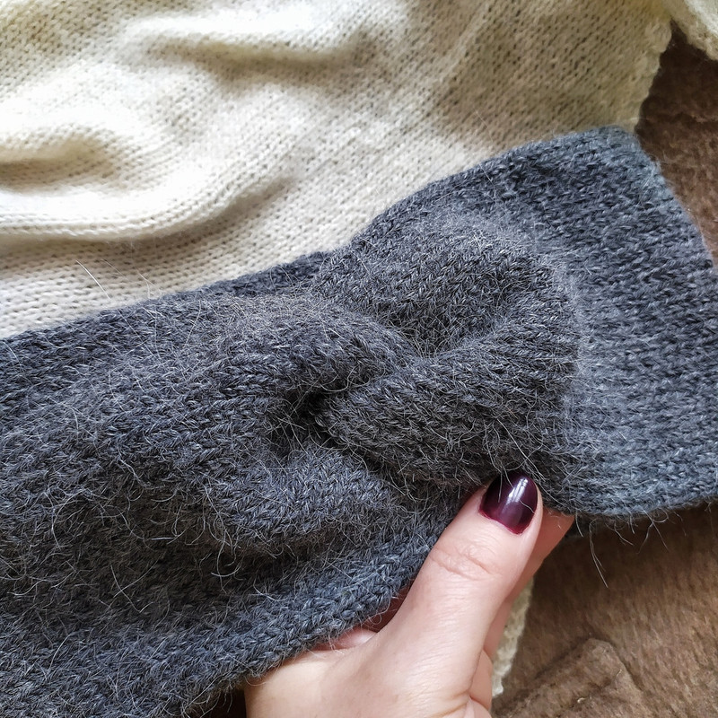 Set of 2: Knit women alpaca double warm mittens and knit alpaca earwarmer