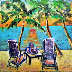 Hawaii Beach Oil Painting Original Art Sunset Painting Tropical Art Palm Tree Painting Coastal Landscape Small Painting