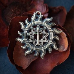 Sun sword pendant on leather cord. Pagan sun handcrafted jewelry. Viking Rune circle necklace for Warrior.