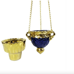 Grape Oil Lamp With Gold Cup - Hanging Vigil Lamp With Chain And Gold Glass - Blue Ceramic Vine Oil Lamp - Porcelain