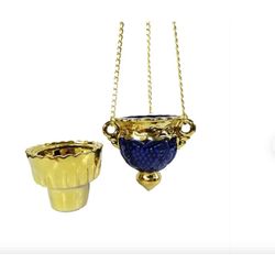 Grape Oil Lamp with Gold cup - Hanging Vigil Lamp with Chain and Gold Glass - Blue Ceramic Vine Oil Lamp - Porcelain