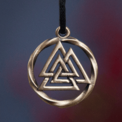 Small Valknut pendant on black leather cord. Odin sacred sign handmade necklace. Triangle viking jewelry. Pagan art