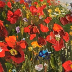poppy field picture impressionism original art small oil artwork impasto