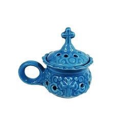 handmade ceramic thurible with lid - glazed light blue censer - ceramic censer - ceramic incense burner
