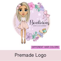 Lovely bow girls hair accessories premade logo, small business logo, girl character logo, cartoon logo, crafter  logo
