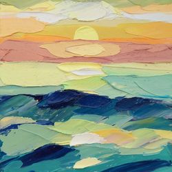 sunset on the sea original oil art on cardboard
