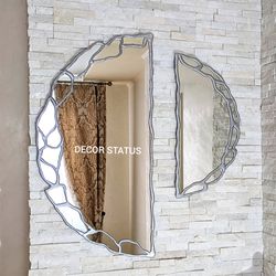 Two half moon mirrors Oval wall mirror Half circle mirror Wall mirror with silver frame