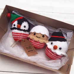 Hand Crochet  Funny Penguin Gingerbred Man Snowman Christmas Set Stuffed Toys Knit Decor Home