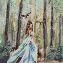 Landscape Painting Woman Original Art Forest Oil Painting Tree Artwork Canvas Wall Art