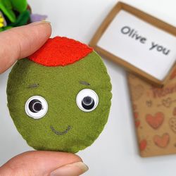 Cute Green Olive gift,  pocket hug in box, Olive you, Funny Birthday gift