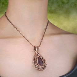 Jasper pendant Wire wrapped necklace for woman Antique style artisan copper jewelry / 7th Anniversary gift idea for wife