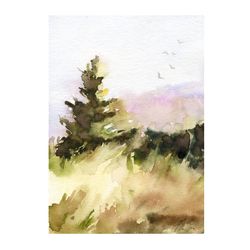 Small watercolor landscape Original postcard Spruce painting