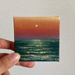 Sunset Mini Canvas Painting, Small Original Oil Painting, Ocean Artwork, Mini Oil Painting