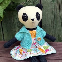 Panda girl, wool stuffed toy, white black Chinese panda, handmade plush doll