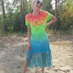 Summer dress Rainbow hand-knitted cotton with fringe / Knitted resort tunic
