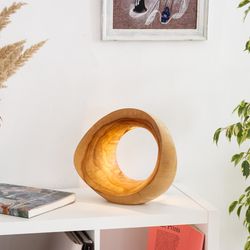 wood sculpture desk lamp. unique wooden bedside lamp. decorative led lamp. modern table lamp. unique accent night light.