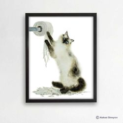 Bathroom Siamese Ragdoll Cat Art Print, Cat Decor, Watercolor Painting, Bathroom Art, Cat Lover Gift