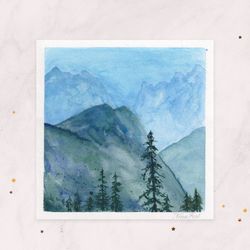 Alps painting Blue ridge mountains painting postcard Original watercolor painting Tiny painting Mini painting 3x3
