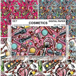 Cosmetics Seamless Pattern Beauty Wallpaper Digital Paper Background Design Surface Fabric Textile Fashion Makeup