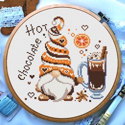 Gnome cross stitch pattern, Hot chocolate cross stitch, Teacup cross stitch, Kitchen cross stitch, Digital PDF