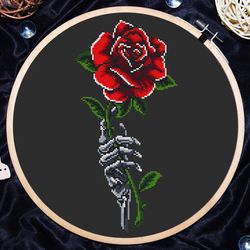 Gothic cross stitch, Skeleton hand with red rose, Anatomy cross stitch, Cross stitch flowers, Digital PDF