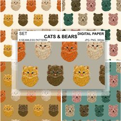 Kittens Seamless Pattern Bear Wallpaper Digital Paper Background, Surface Design Fabric Textile Animals Cat Kitty