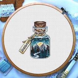 Landscape cross stitch patterns, Mountain and forest in bottle cross stitch, Night sky cross stitch, Moon lights