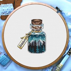 Landscape cross stitch, Mountain and forest in bottle cross stitch, Night sky cross stitch, Camping cross stitch
